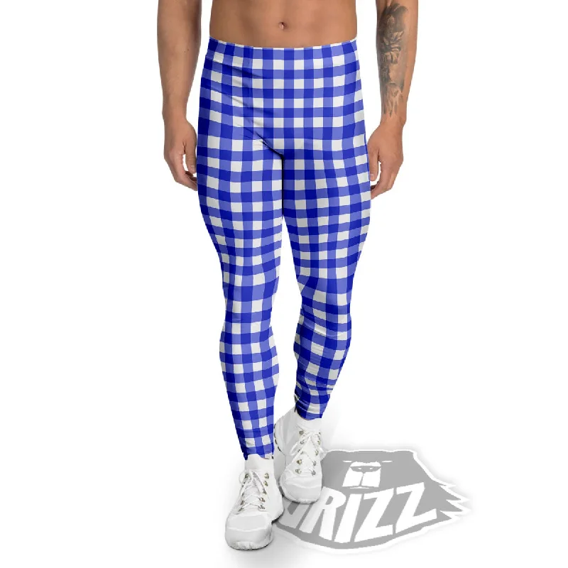 Special Price White And Blue Check Print Pattern Men's Leggings