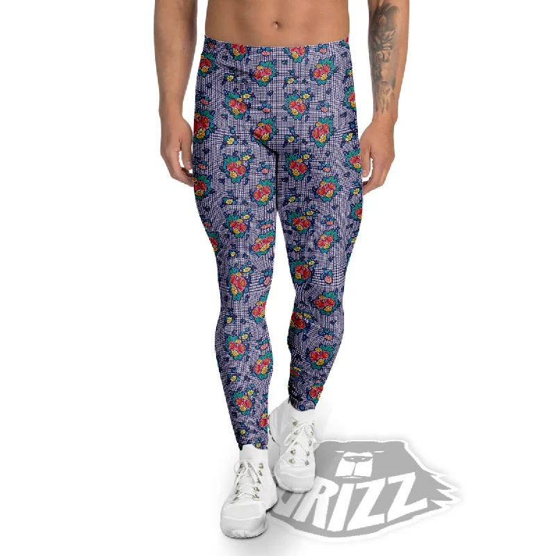 Unbeatable Prices White And Blue Floral Glen Plaid Print Men's Leggings
