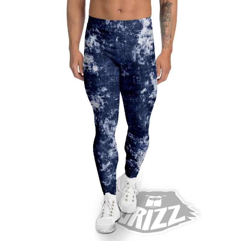 Quick Sale White And Blue Tie Dye Acid Wash Print Men's Leggings