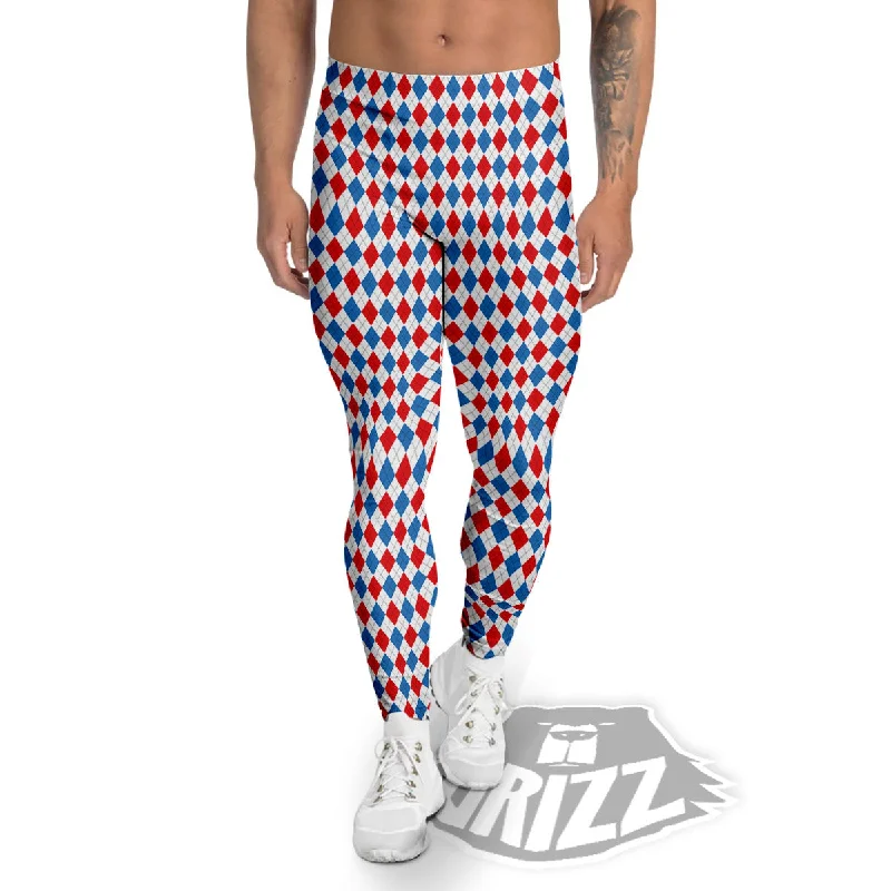 Online Only White Blue And Red Argyle Print Pattern Men's Leggings