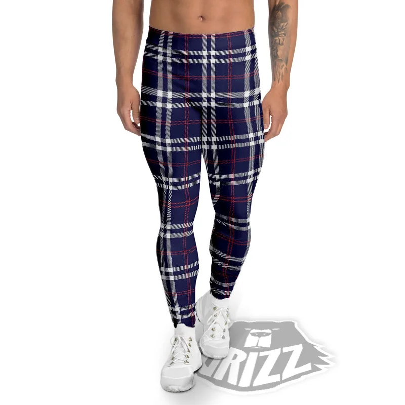Low Prices White Blue And Red Tartan Print Pattern Men's Leggings