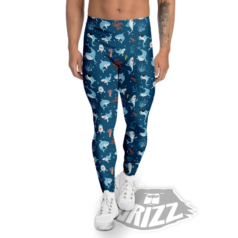 Don't Wait White Shark Cartoon Print Pattern Men's Leggings