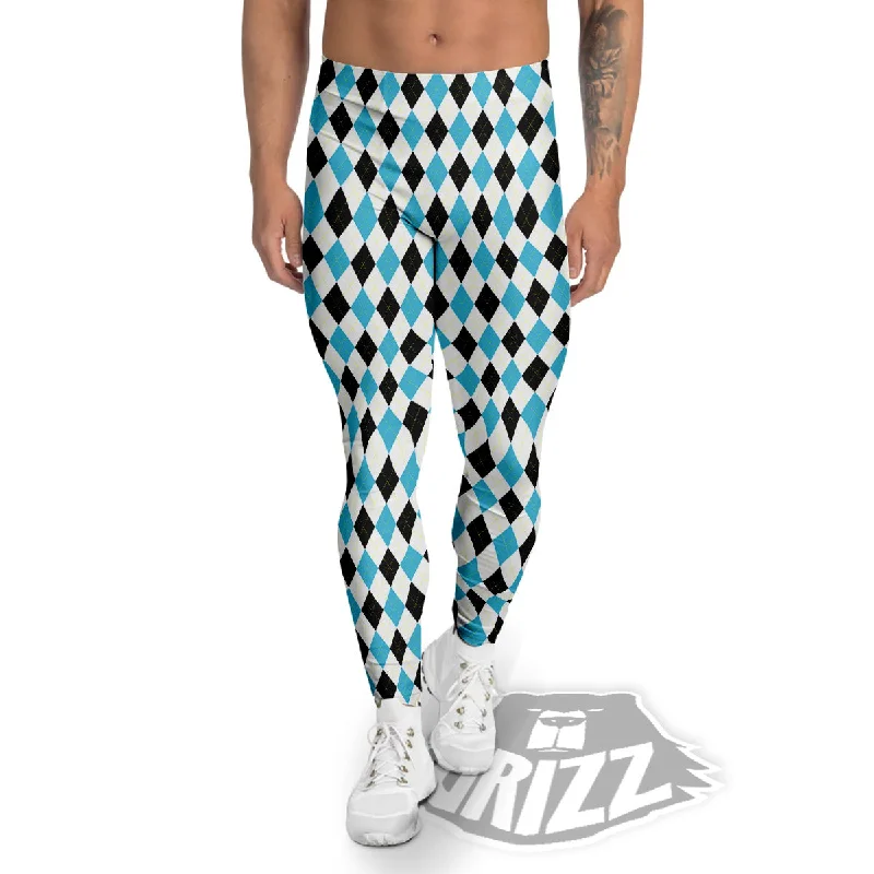 Overstock Sale Yellow Black And Blue Argyle Print Men's Leggings