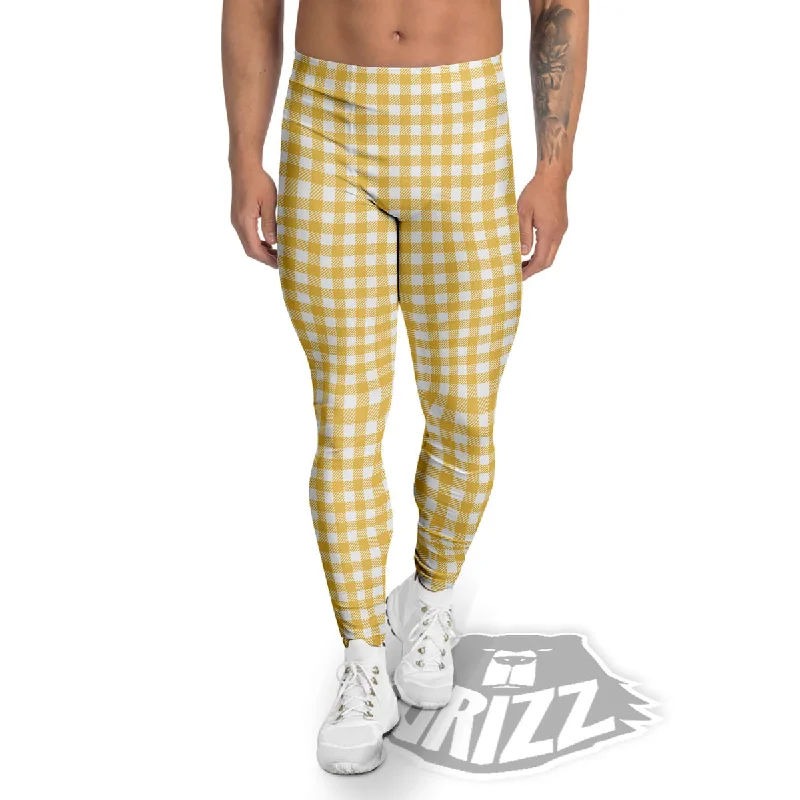 Limited Time Discount Yellow Canary And White Gingham Print Men's Leggings