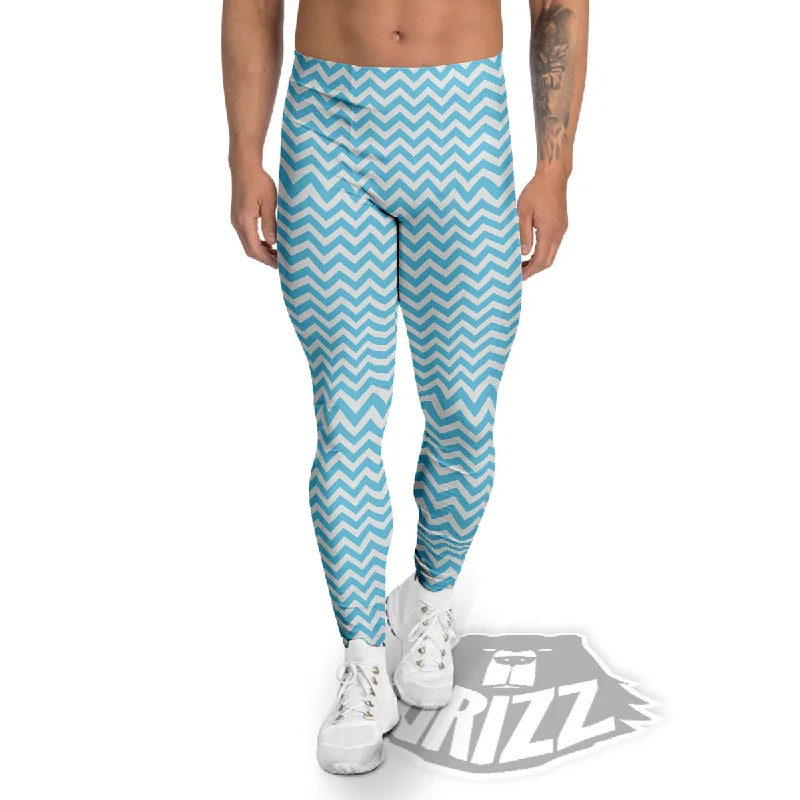 Weekend Deal Zigzag White And Blue Print Pattern Men's Leggings