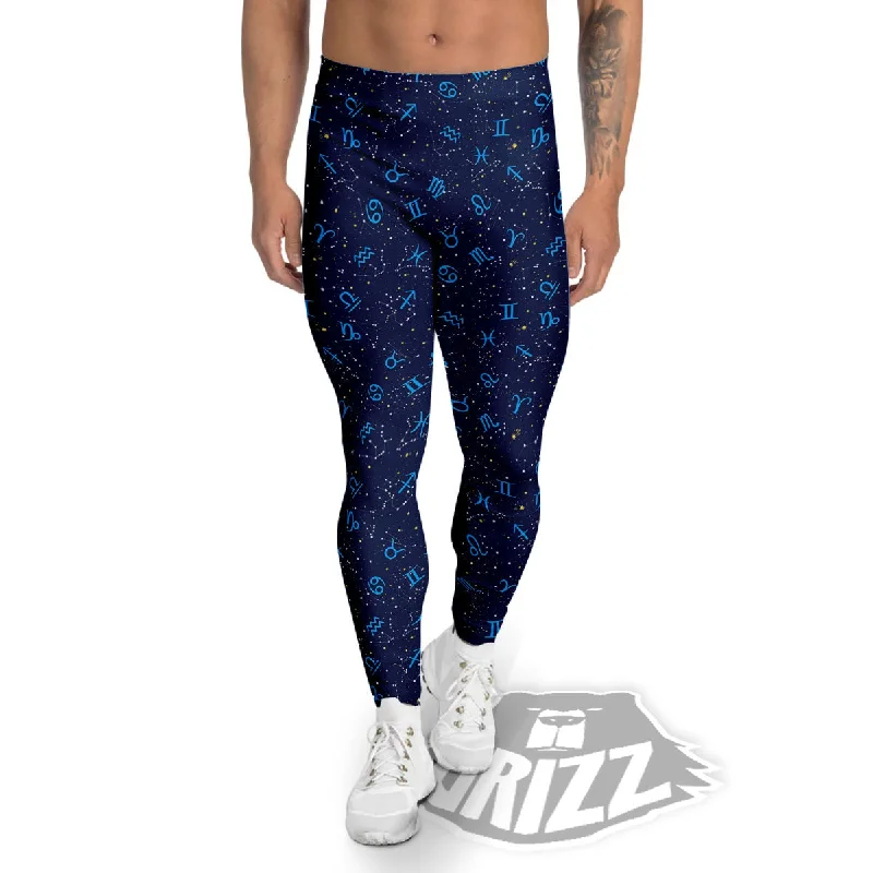 Flash Deals Zodiac Symbols Blue Print Pattern Men's Leggings