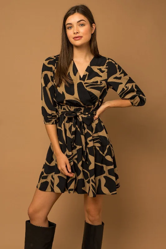 Weekend Special 3/4 Sleeve Surplice Abstract Print Dress - Black/Taupe ONLY 1 SMALL LEFT