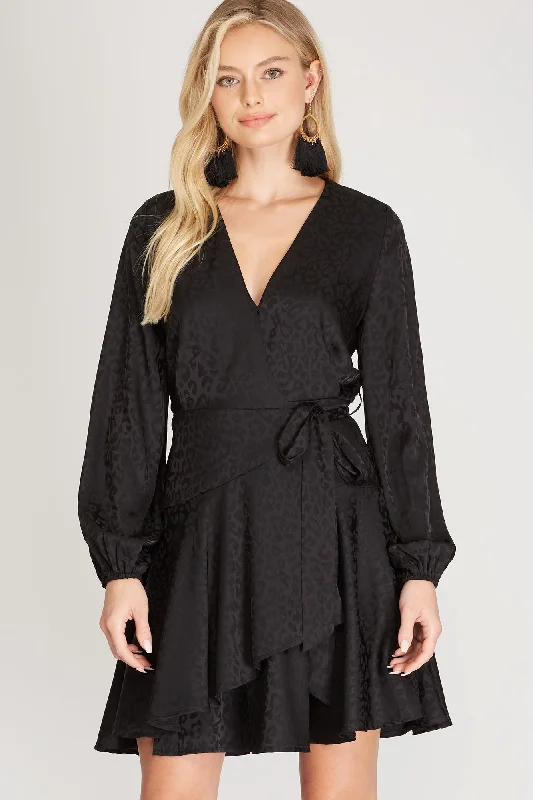 Doorbuster Deal Animal Print Jacquard Satin Wrap Dress - Black ONLY 1 SMALL LEFT