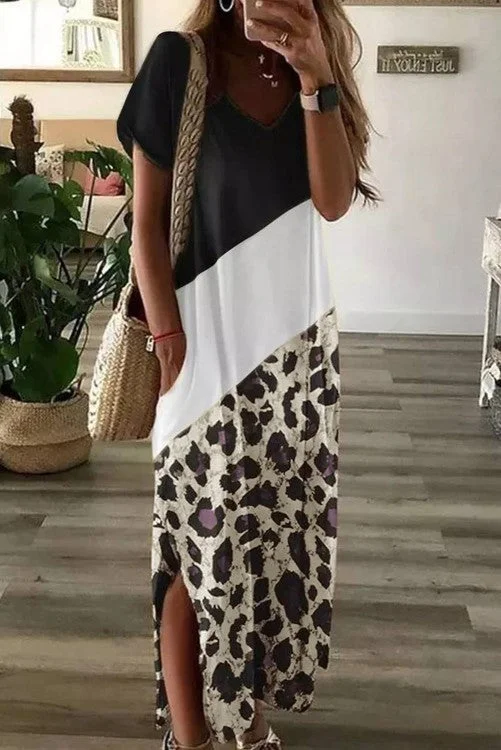 Special Buy Diagonal Color Block T-Shirt Maxi Dress - Black, White & Leopard ONLY 1 SMALL LEFT