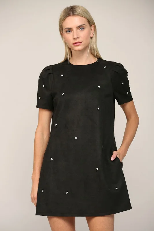 Early Bird Discount Jewel Embellished Faux Suede Shift Dress - Black  ONLY 1 S LEFT