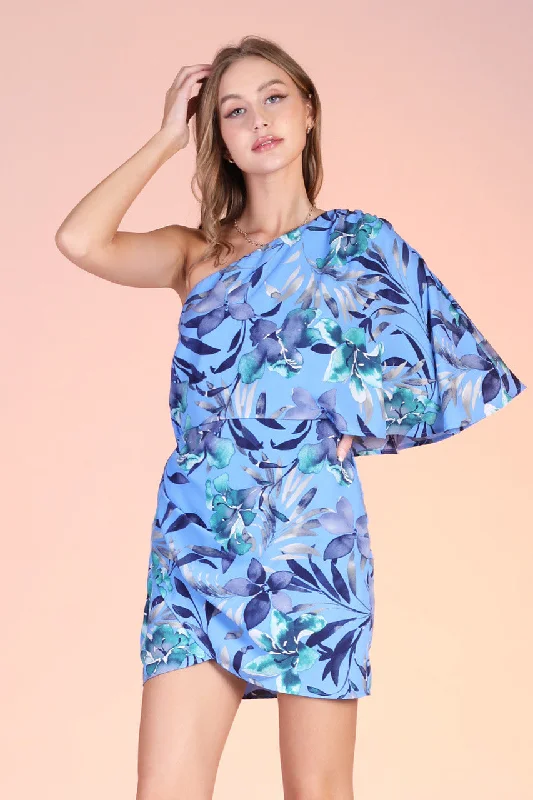 Referral Discount Miami Nights One Sleeve Bodycon Dress - Blue