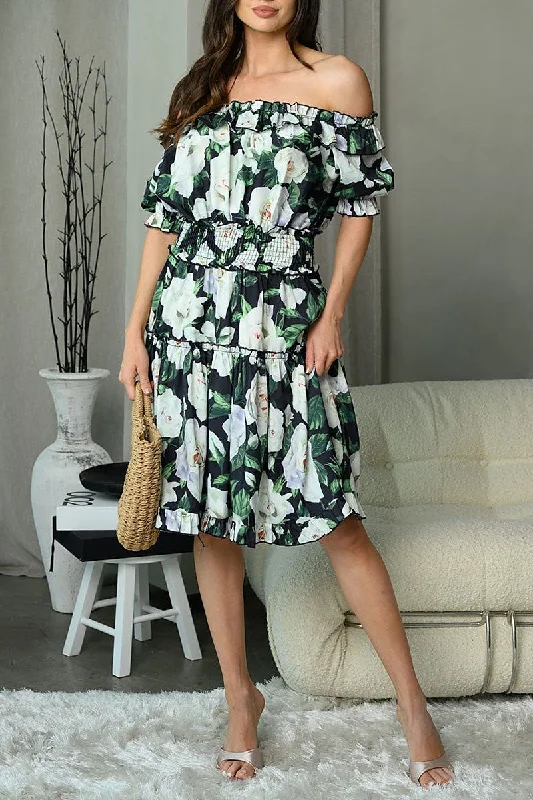 Year-End Sale Off the Shoulder Dress - White & Green Floral