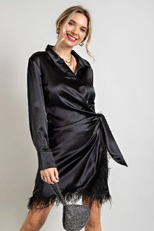 Deal of the Day Satin Surplice Dress with Feather Trim Hem - Black ONLY L LEFT