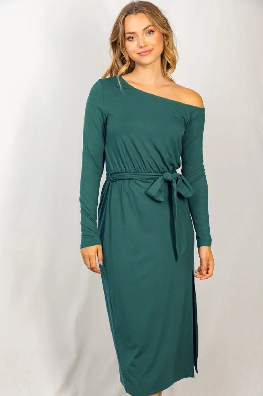 Clearance Event Tie Waist Midi Dress - Forest Green