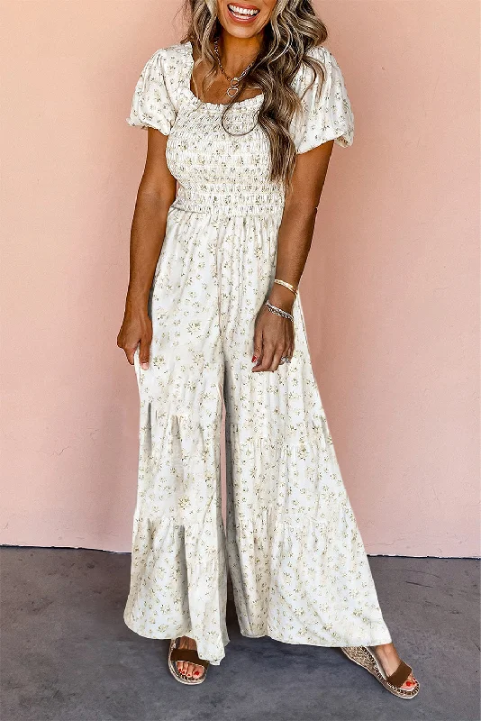 Deal Dash White Boho Floral Smocked Wide Leg Short Puff Sleeve Jumpsuit