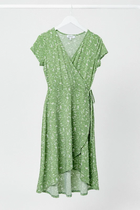 Midnight Sale Wrap Midi Dress  - Sage White Ditsy Print