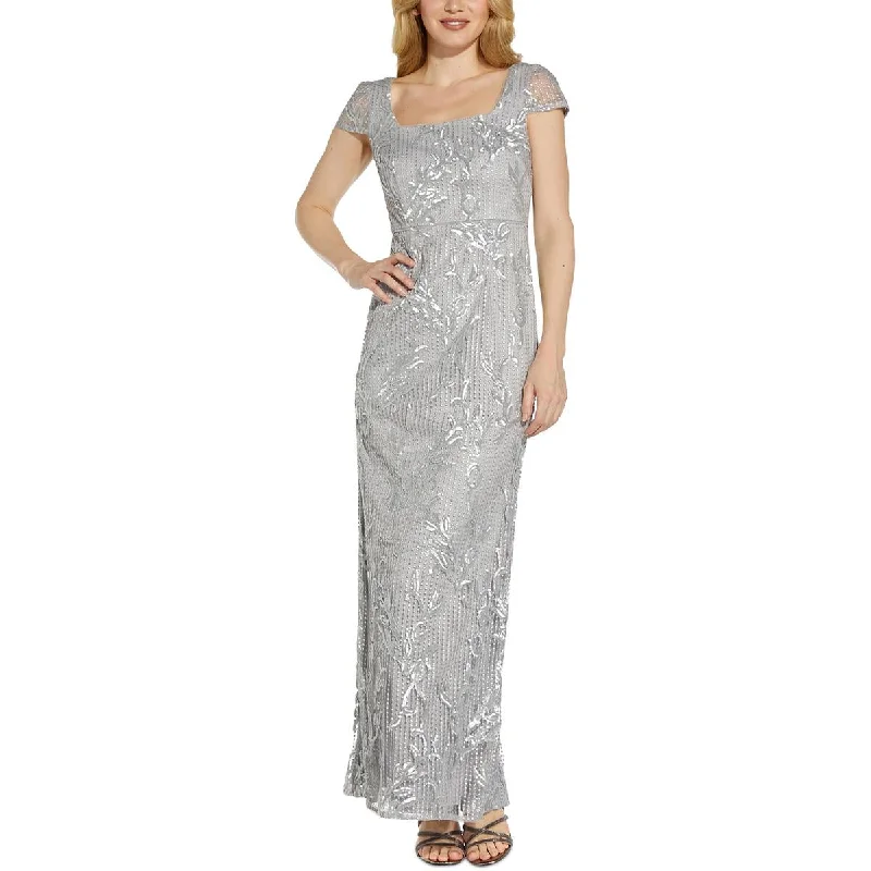 Super Deal Adrianna Papell Womens Mesh Sequined Evening Dress