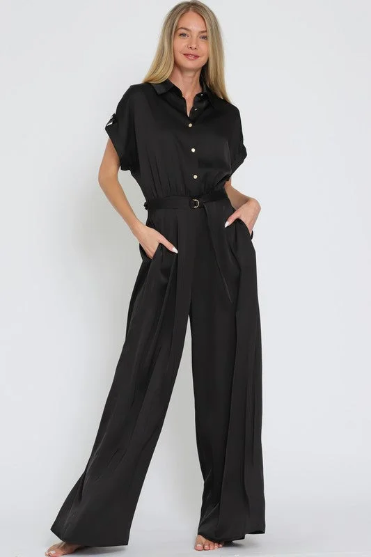 Price Slash Alicia Short Sleeve Waist Tie Wide Leg Satin Jumpsuit Black