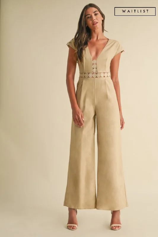 Great Deals Waitlist 1/8 ♥ Asher Short Sleeve Lace Crochet Linen Wide Leg Jumpsuit Beige