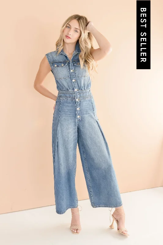 Friends and Family Sale Becca Sleeveless Button Down Denim Jumpsuit Medium Wash