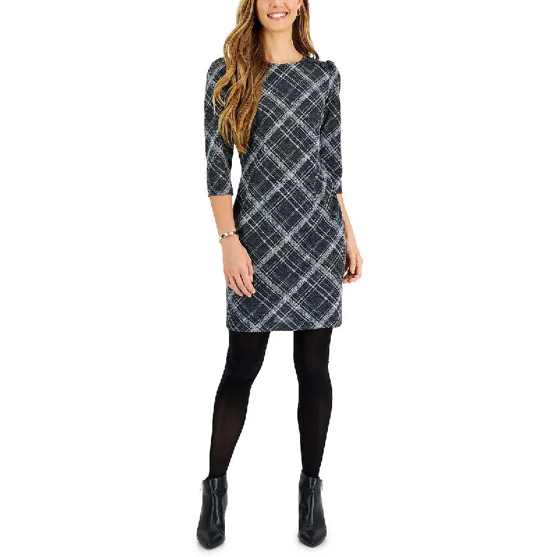 Bargain Bin Connected Apparel Womens Petites Plaid Mini Sheath Dress