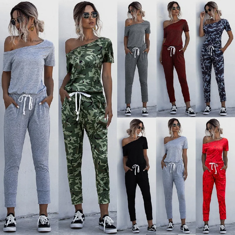 Weekend Flash Sale Fashion Women Summer Solid Color Jumpsuits Drawstring Design Pockets Decor Oblique Collar Short Sleeve Mid Waist Slim Jumpsuits