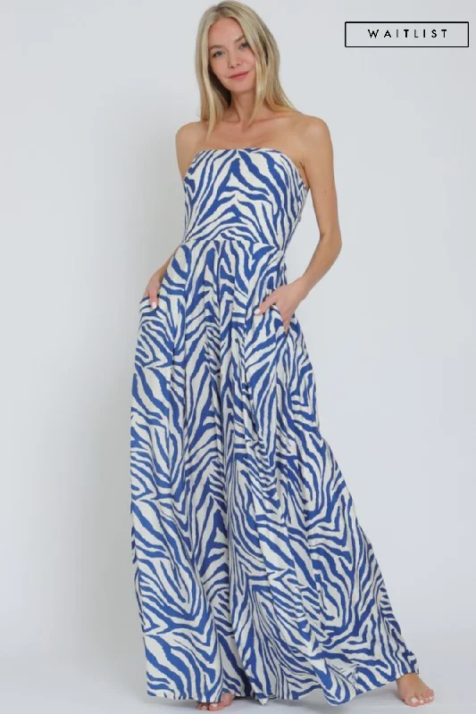Instant Discount Waitlist 2/20 ♥ Francis Sleeveless Zebra Print Wide Leg Jumpsuit Blue