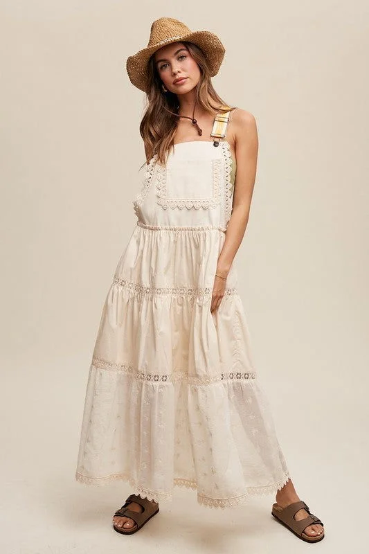 Major Savings Listicle Laced and Tiered Romantic Overall Maxi Dress
