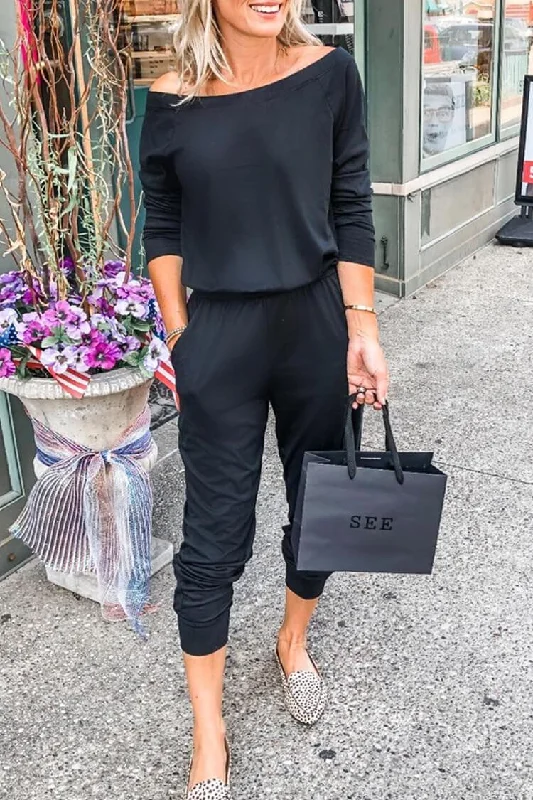 Savings Bonanza Versatile Black Off Shoulder Elastic Waist Stretchy Loose Jumpsuit
