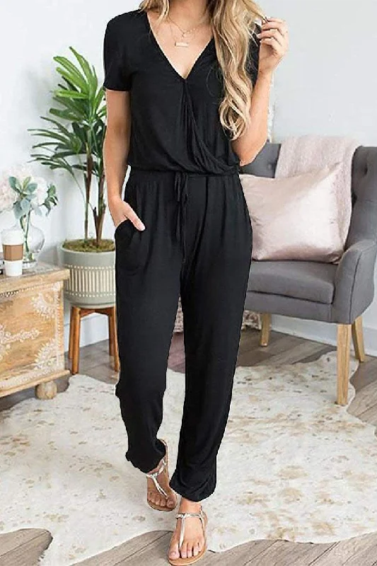 Deal Zone Deep V Neck Wrap Drawstring Waist Jumpsuit