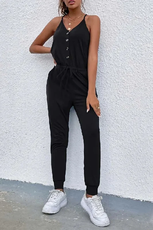Unmissable Offer V Neck Sleeveless Button Down Spaghetti Strap Jumpsuit