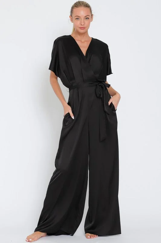 New Deals Reba Dolman Sleeve Waist Tie Wide Leg Jumpsuit Black