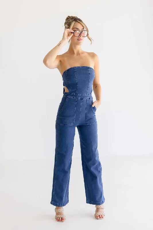 Season Finale Sale Valencia Sleeveless Back Tie Wide Leg Denim Jumpsuit Dark Wash