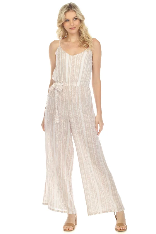 Massive Deals Women's Casual Resort Wear Stripe Print Spaghetti Strapped Linen Blend Summer Jumpsuit